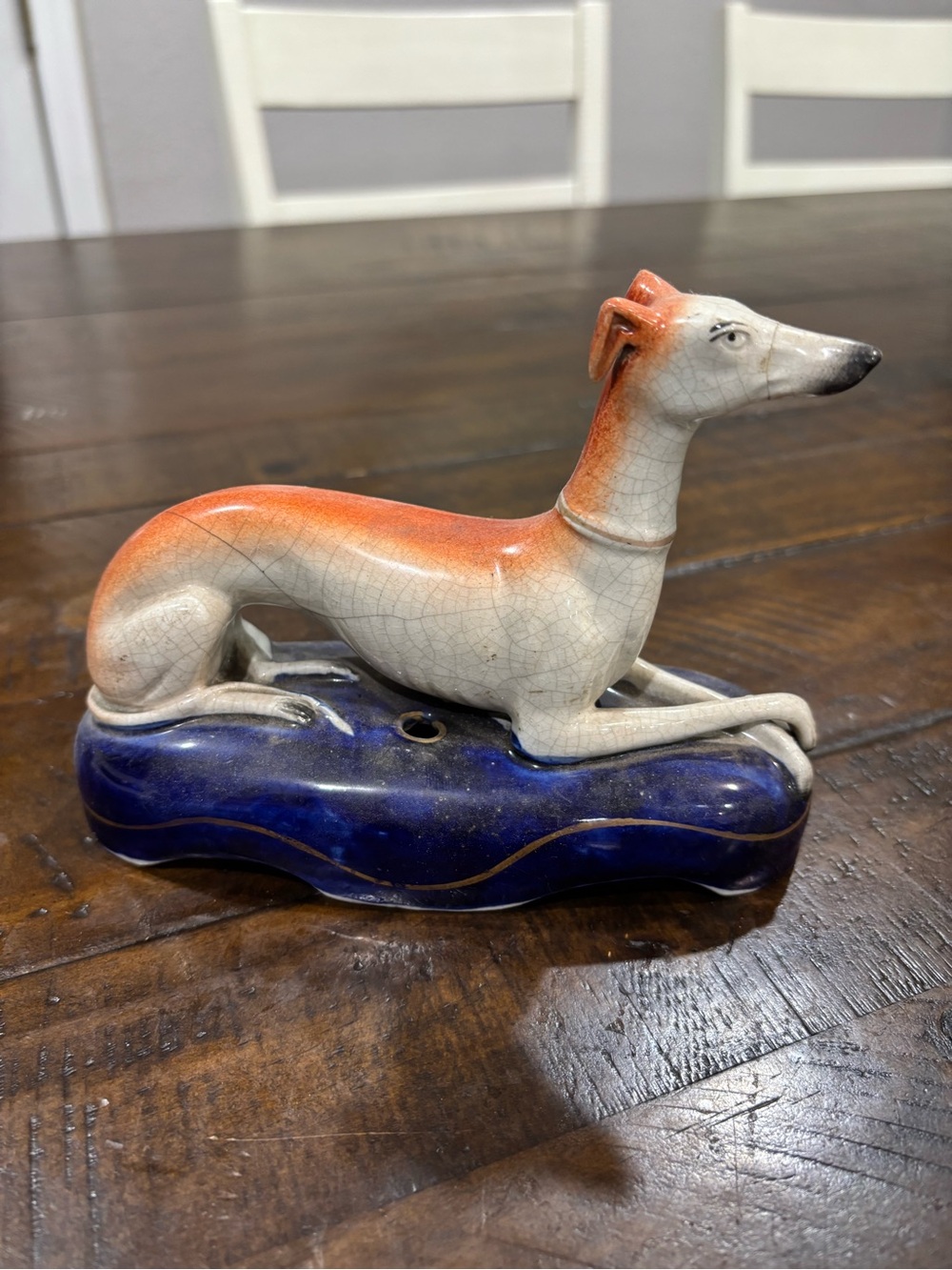 Antique Staffordshire Ceramic Greyhound Figurine in White and Orange and blue